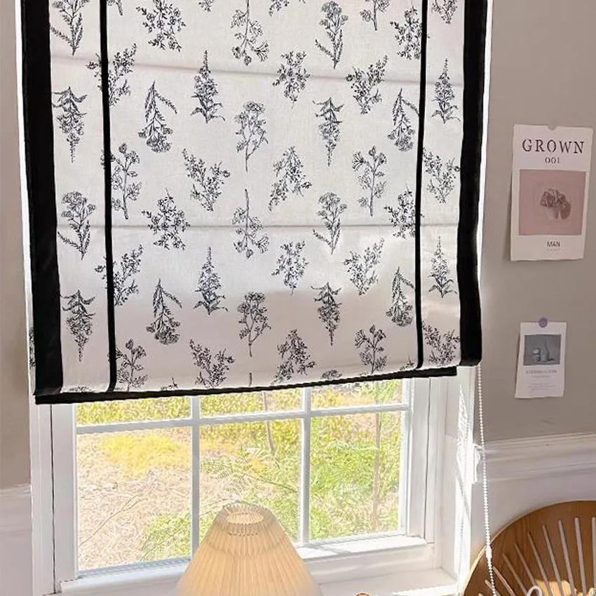 Pastoral Printed Leaves With Black Border Trims Flat Roman Shades Customized Roman Blinds With Installation Included