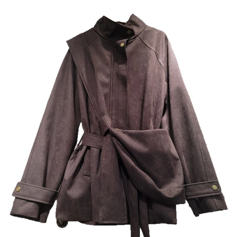 WTHT เสื้อโค้ทแฟชั่นผู้หญิง ดีไซน์กระเป๋าคาดเอว สีพื้น แนวทันสมัย คอตั้ง แขนยาว รุ่น 2025 ฤดูใบไม้ร่วง 1LS2363