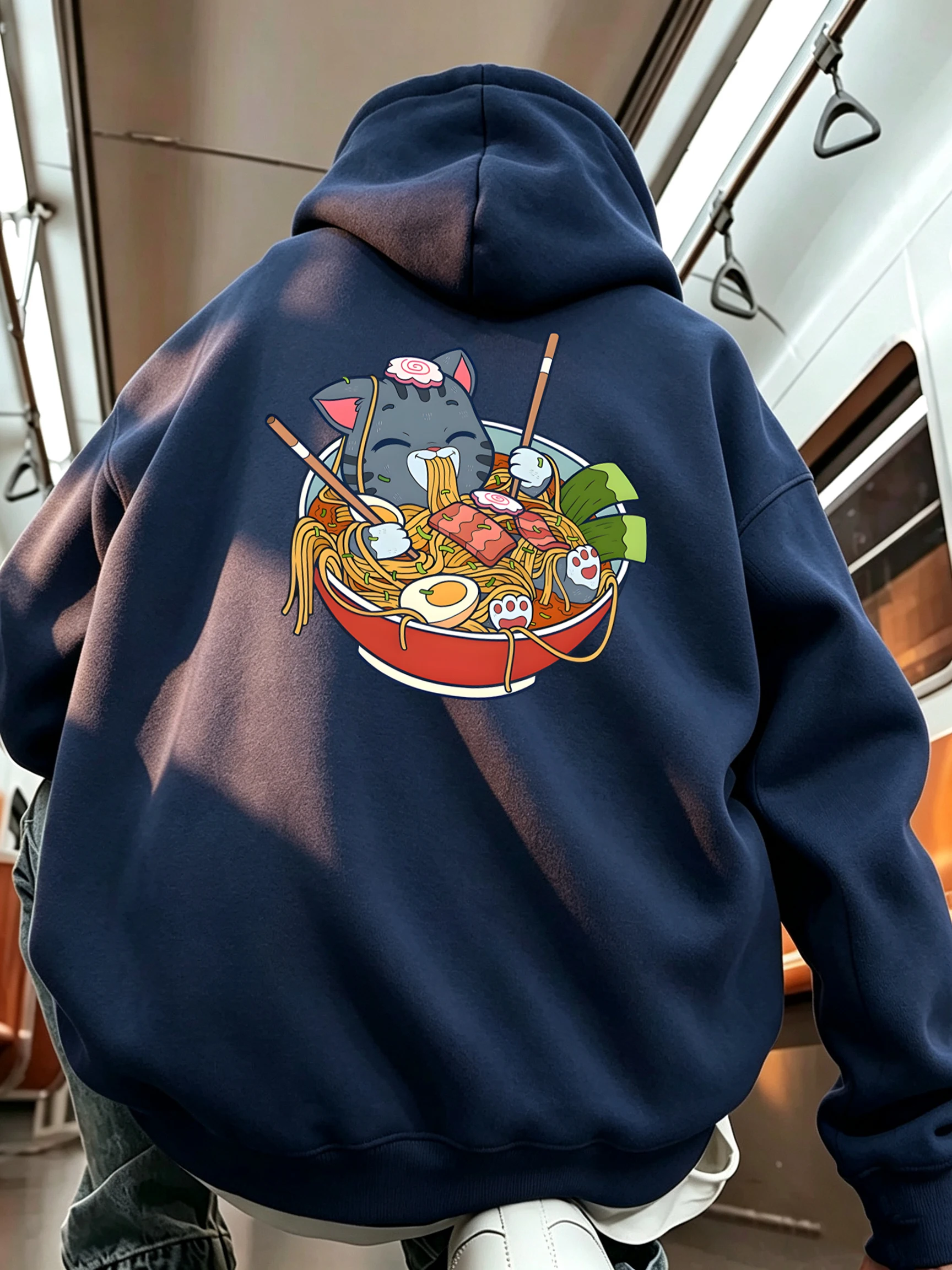 A Cat That Likes To Eat Noodles Print Men Trendy Commute Hoodies Pocket Autumn Tops Fleece Casual Long Sleeved All-Match Clothes