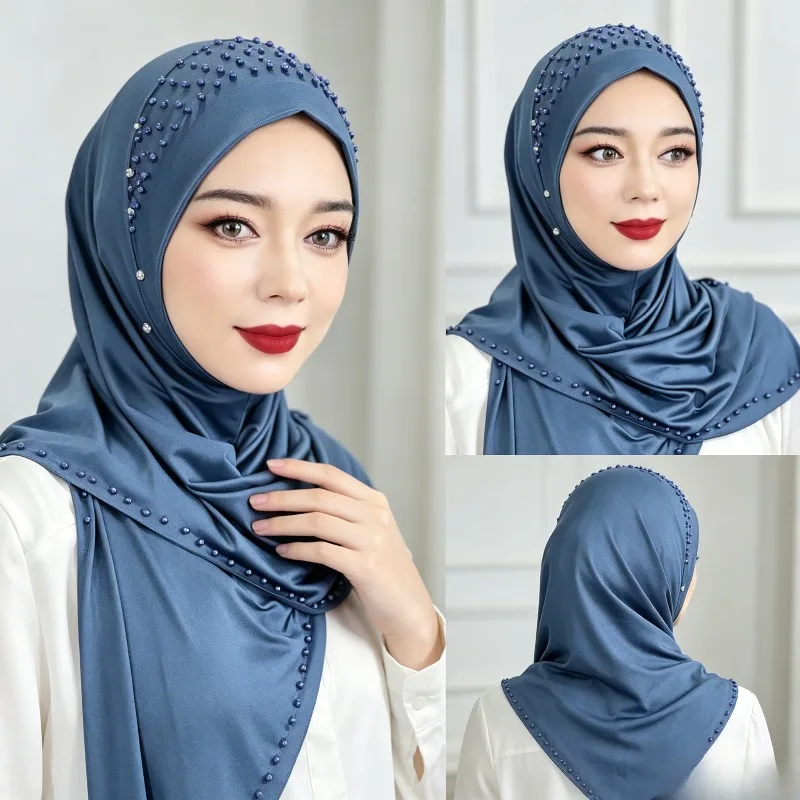 

Women's Pullover Hat Beaded Jersey Scarf Malay Style Solid Color Headscarf for Daily Wear and Travel