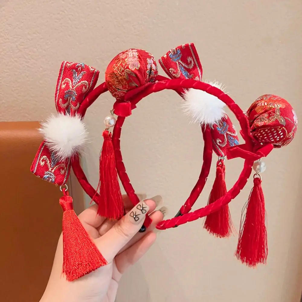 Cute Fuwa Chinese New Year Headwear Tassel Ball Children Headband Girl Hair Accessories Red Hairband Baby