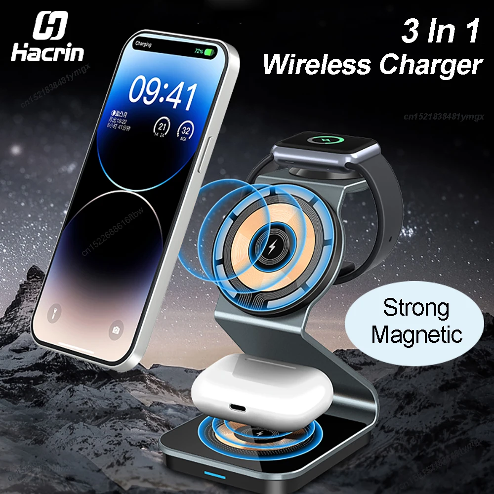 

Magnetic Wireless Charger Stand for iPhone Fast Charging Dock Station, Apple Watch 9, 8, 7, 6, 5, 15, 14, 13, 12 Pro Max, 3 in 1