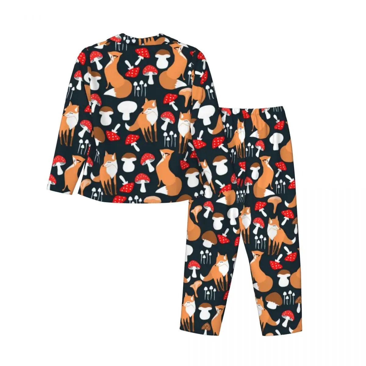 Cute Fox And Mushrooms Pajama Set Autumn Animal Print Warm Night Sleepwear Female Two Piece Loose Oversized Nightwear Gift