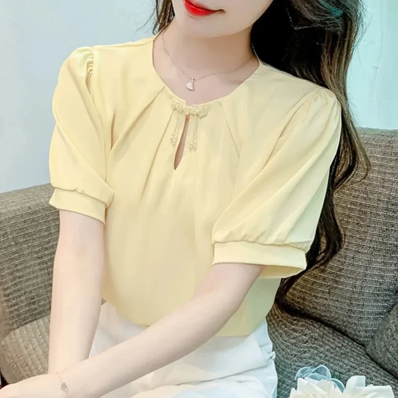 Designed Buttoned Satin Chiffon Blouse for Women Summer Puff Short-sleeved Sweet Chic Top