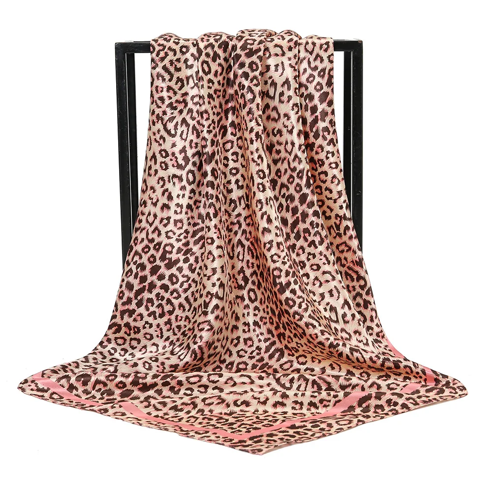 Fashion Leopard Scarf Hijab Shawl Silk Feeling Hair Ties Satin Square Turbans Cheetah Animal Print Head Wrap Scarves