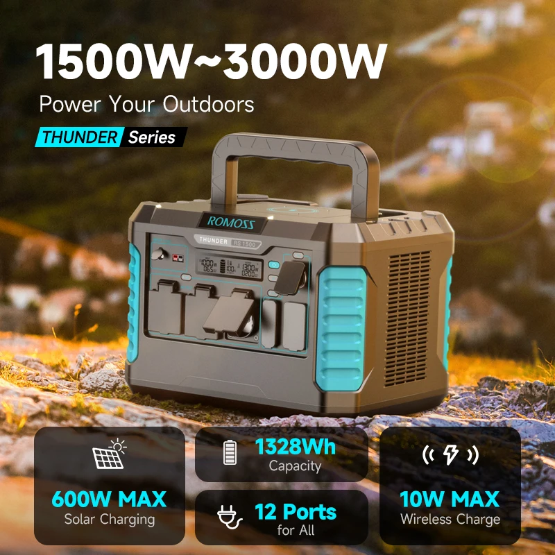 ROMOSS Power Station 1500-3000W 1328Wh 3 AC Outlets(220V), 36W USB PD120W Output Portable Powerstation for Outdoor Camping, RV