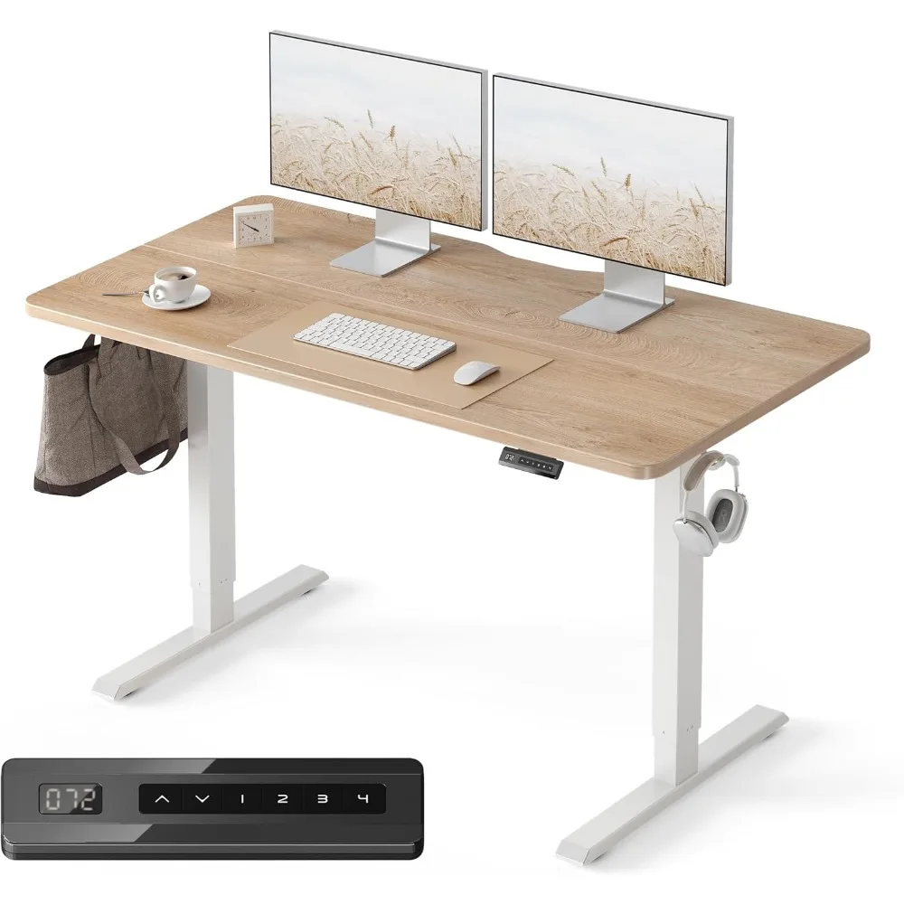 

55 x 24 inch electric standing desk, adjustable height, sitting upright, computer desk with splice board, white frame