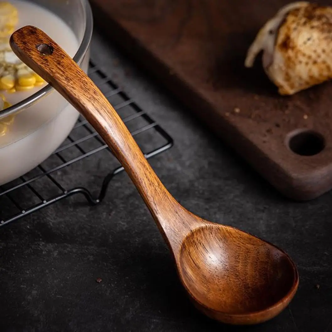 Solid Wood Soup Spoon Long Handle Cooking Ladle Non-scratch Kitchen Utensil Heat Resistant Wooden Serving Spoon for Hot Pot
