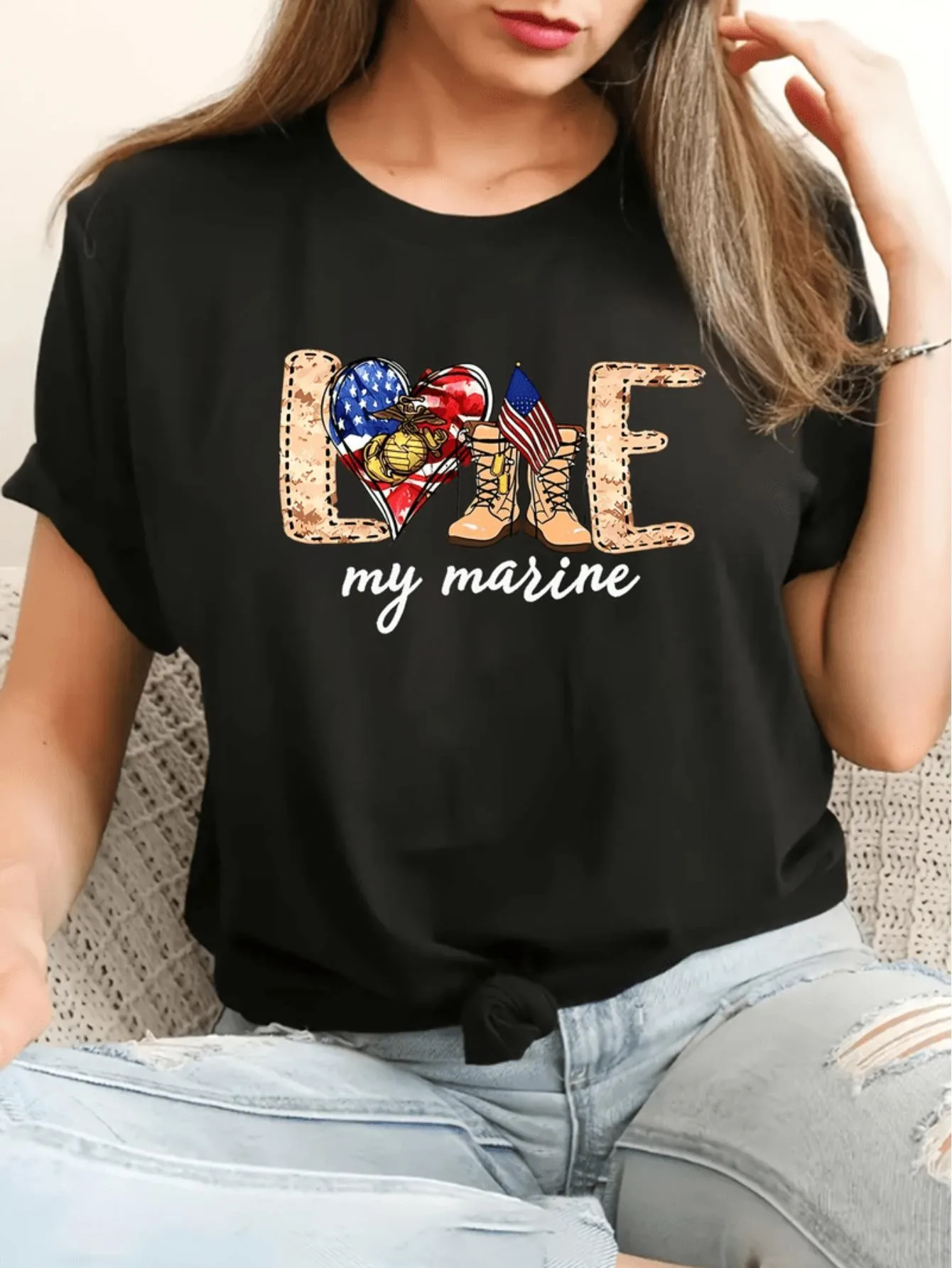 

Women's Patriotic Military T-Shirt with Marine Corps Design - American Distressed Flag and Star Design, Soft Stretchy Crew Neck Top, All-Season Casual Style
