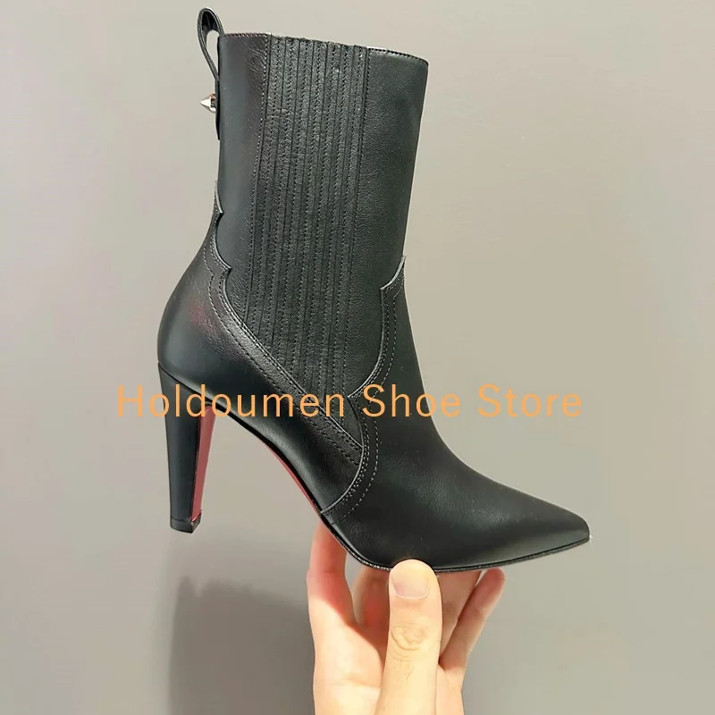 

Women's Black Leather Braided Stitching Sexy Short Boot Point Toe Square Heel Ankle Boot Autumn Winter Elegant Lady Street Style