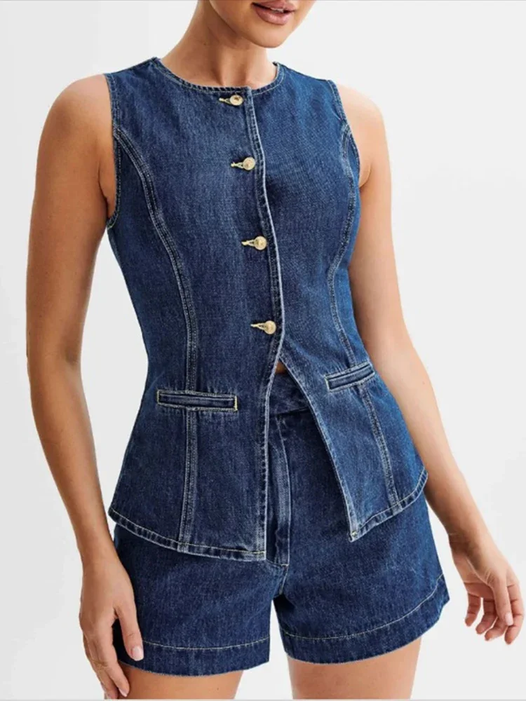 Korean Casual Split Round Neck Slim Fit Denim Vest Top Two-piece Set New Women\'s Fashion Sleeveless High Waist Denim Shorts Set