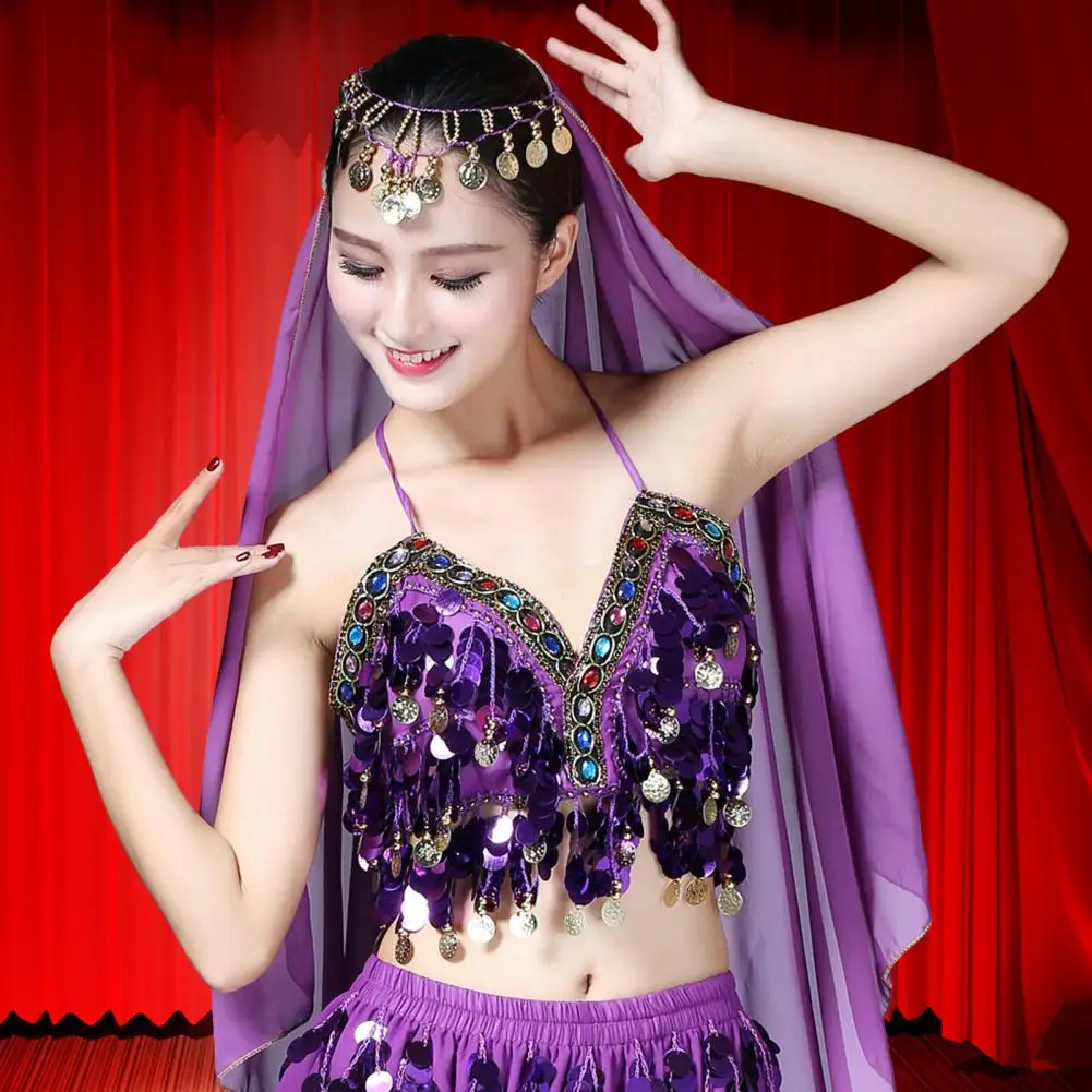 Soutien-gorge de danse du ventre respirant pour femme, haut de danse du ventre, glaçure à paillettes, glands, col licou, bohème, festival, wlbing, soutien-gorge tribal, performance pour femme