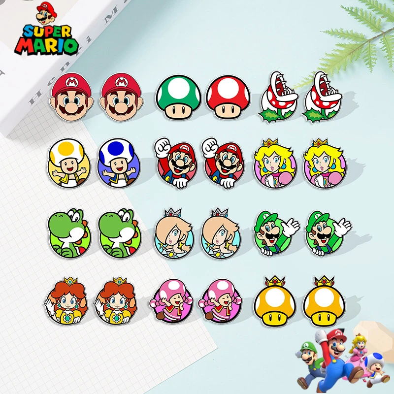 Super Mario Bros Cartoon Acrylic Stud Earrings Game Figure Luigi Yoshi Toad Peach Cute Earrings Fashion Accessories Jewelry Gfit