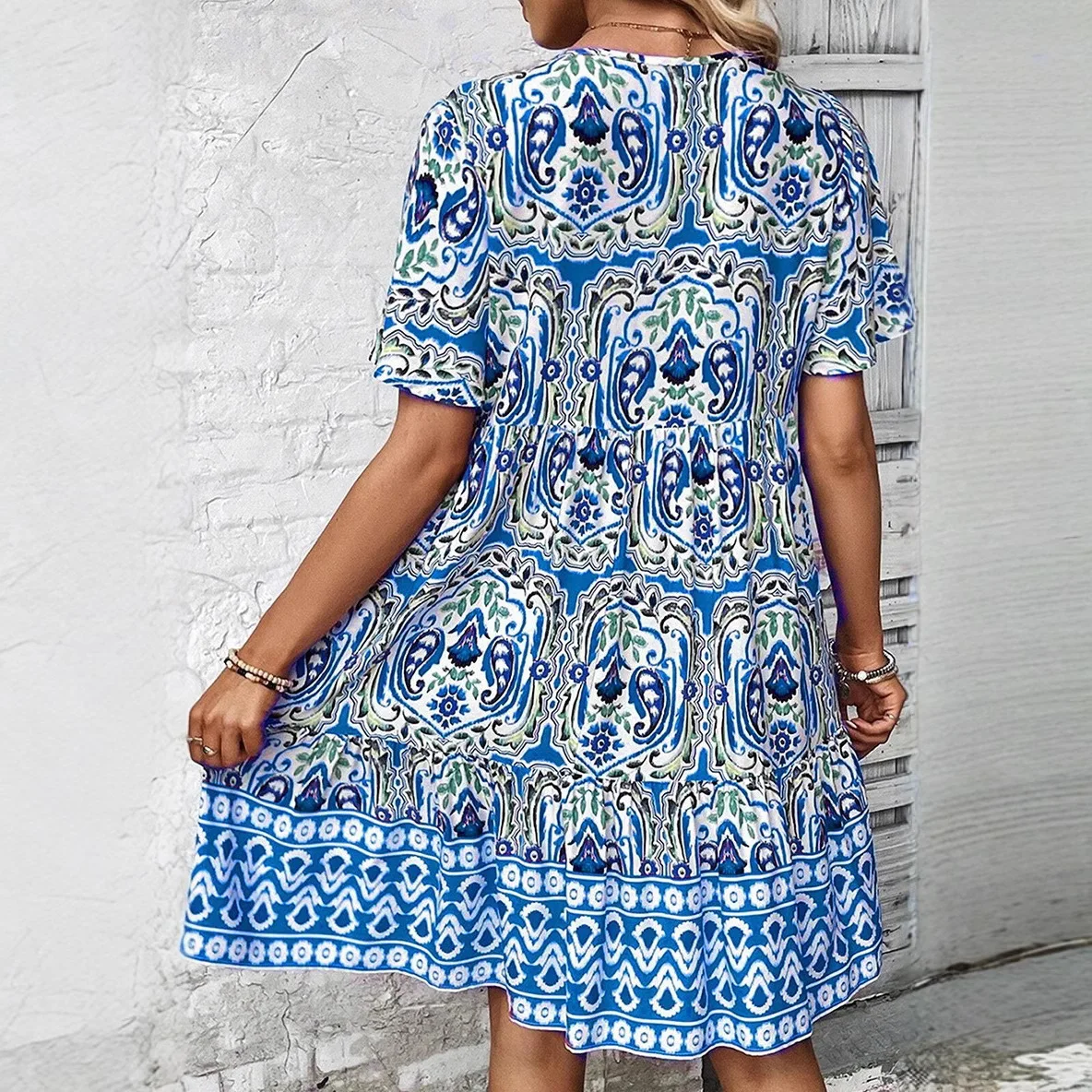 ผู้หญิงเซ็กซี่หลวม Vintage Ruffles ฤดูใบไม้ผลิฤดูใบไม้ร่วง Befree ฤดูร้อนแขนสั้น Casual Holiday Party Elegant Midi Dresses