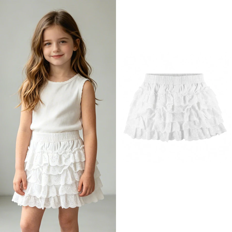

Toddler Girls White Lace Ruffle Skirt Shorts Layered Cake Skirt Elastic Waist Safety Pants for Kids Summer Daily Wear 1-13 Years