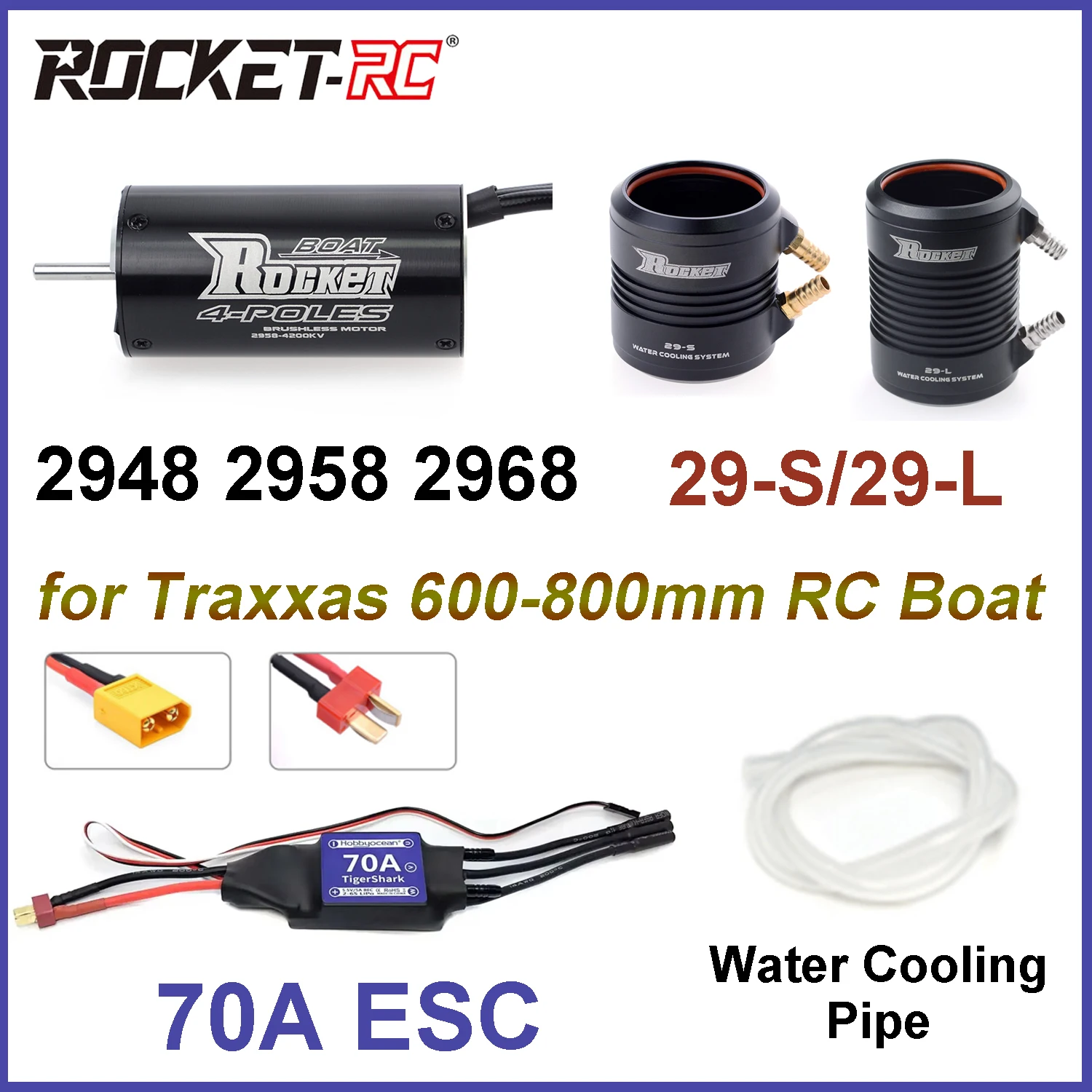 ROCKET-RC 2948 2958 2968 Brushless Motor 70A ESC 29-S/29-L Water Cooling Jacket Waterproof Combo for Traxxas 600-800mm RC Boat