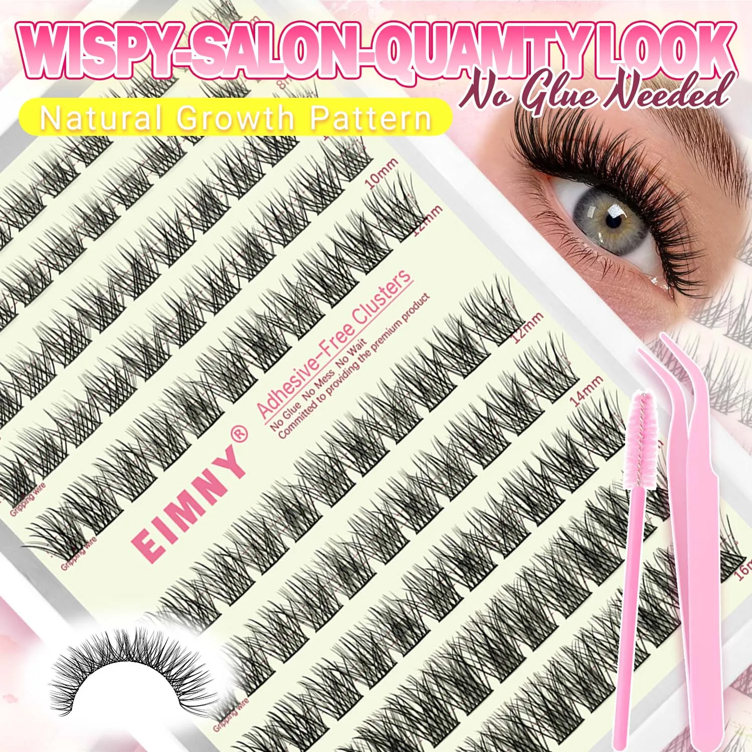 EIMNY Flauschige Einzelwimpernverlängerungen im natürlichen D-Curl-Stil, gemischte Längen, weiches, leichtes Wimpernbüschel-Set, kein Kleber erforderlich!