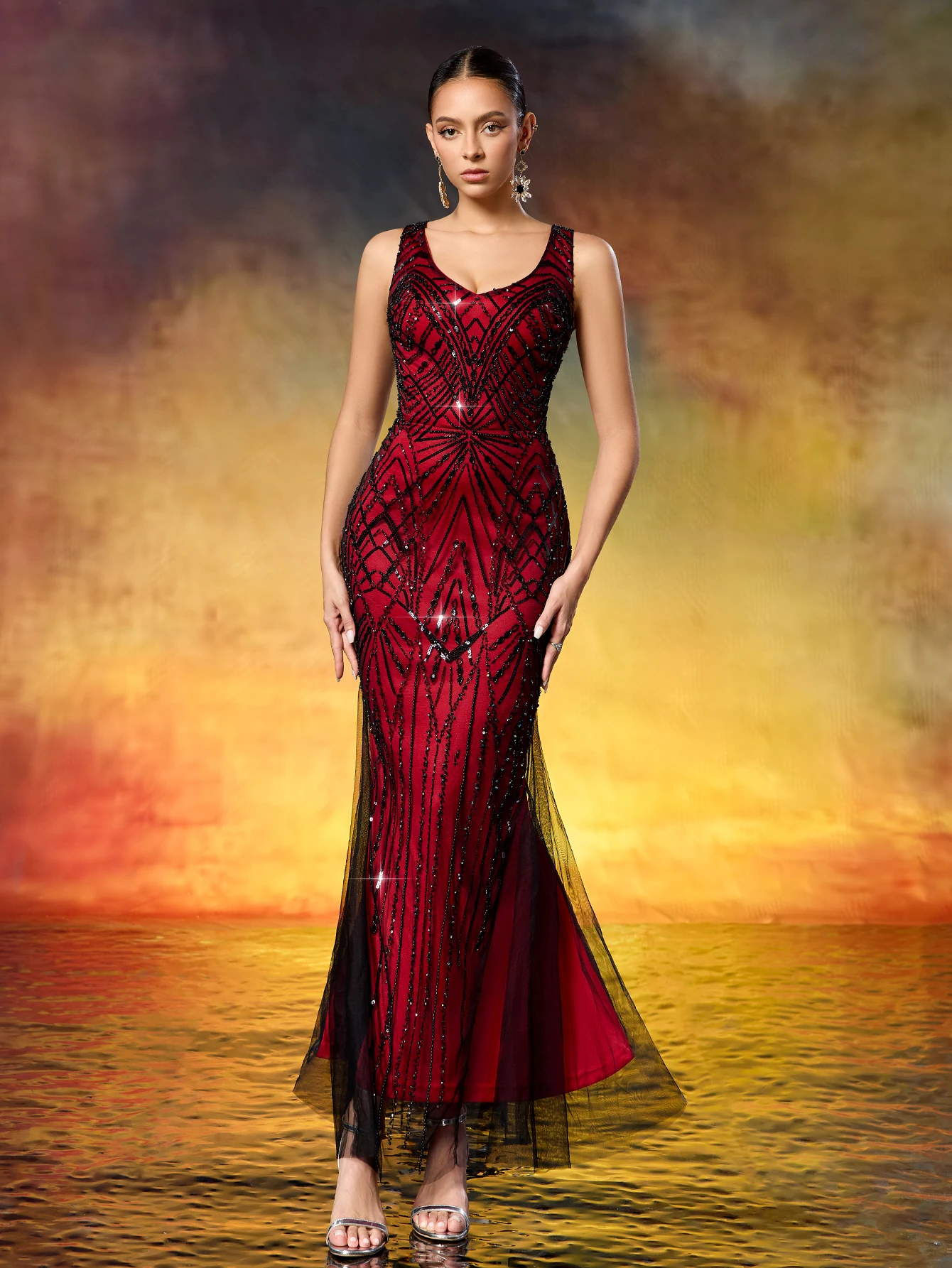 Glamuroso Vestido de Noche Estilo Sirena con Cuentas Art Deco, Vestido de Gala Estilo Gatsby de los Años 20, Color Carmesí-Negro para Ocasiones Especiales de Mujer