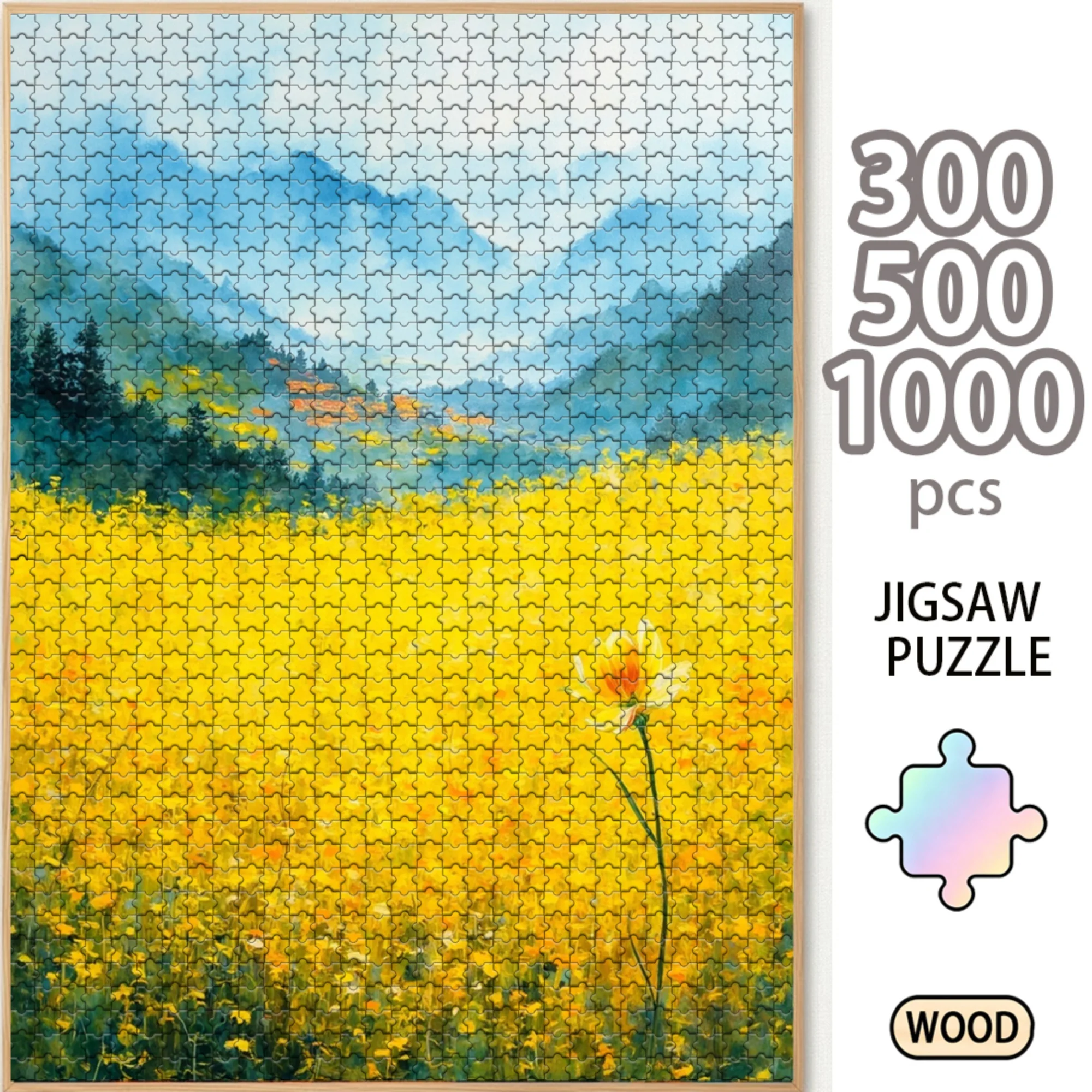Yellow Canola Mountain Field Wooden Jigsaw Puzzle 300/500/1000 Piece Floral Landscape Oil Painting Scenic Board Educational Toy Home Wall Decor Gift for Adults