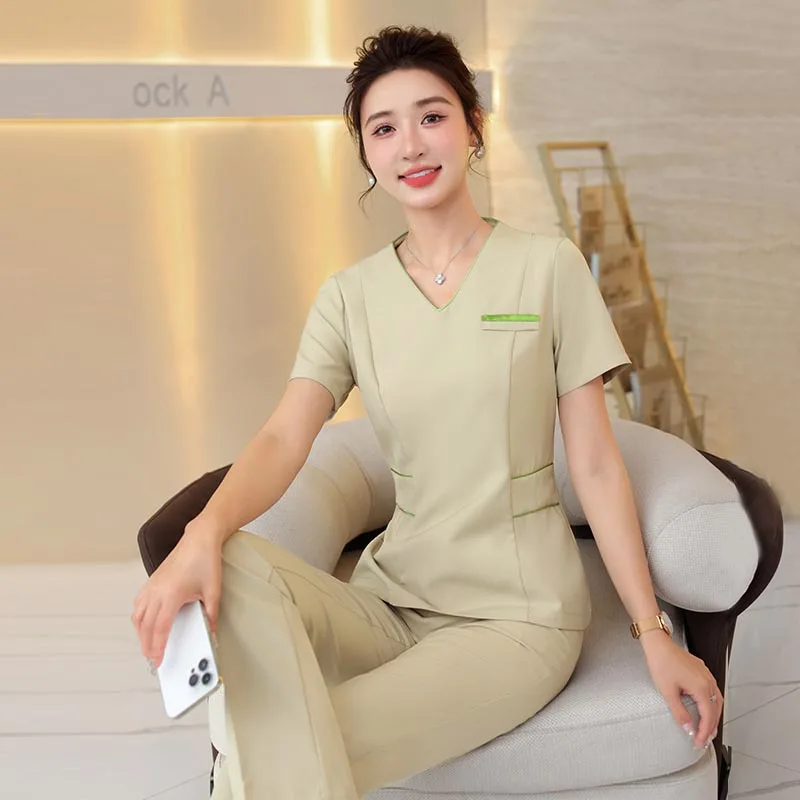 2024 High Quality Uniformes Overalls Women\'s Khaki Top+Pants 2 Piece Set Hotel Staffs Work Wear Beauty Salon SPA Uniform S-4XL