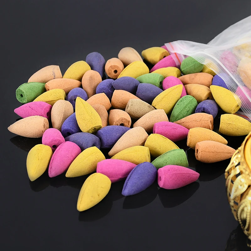 

60pcs Mixed Natural Reflux Tower Incense Tea Smoke Backflow Incense Cones Fragrant Reflux Aromatherapy Cones for Home Decoration