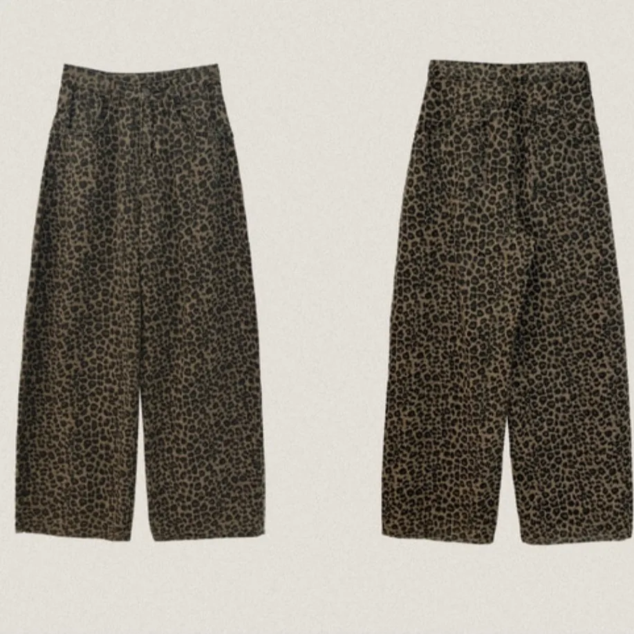 Chic American Retro Casual Stampa leopardata Vita alta Gamba dritta ampia Gamba larga Pantaloni lunghi fino al pavimento Jeans da donna Pendolari Sle