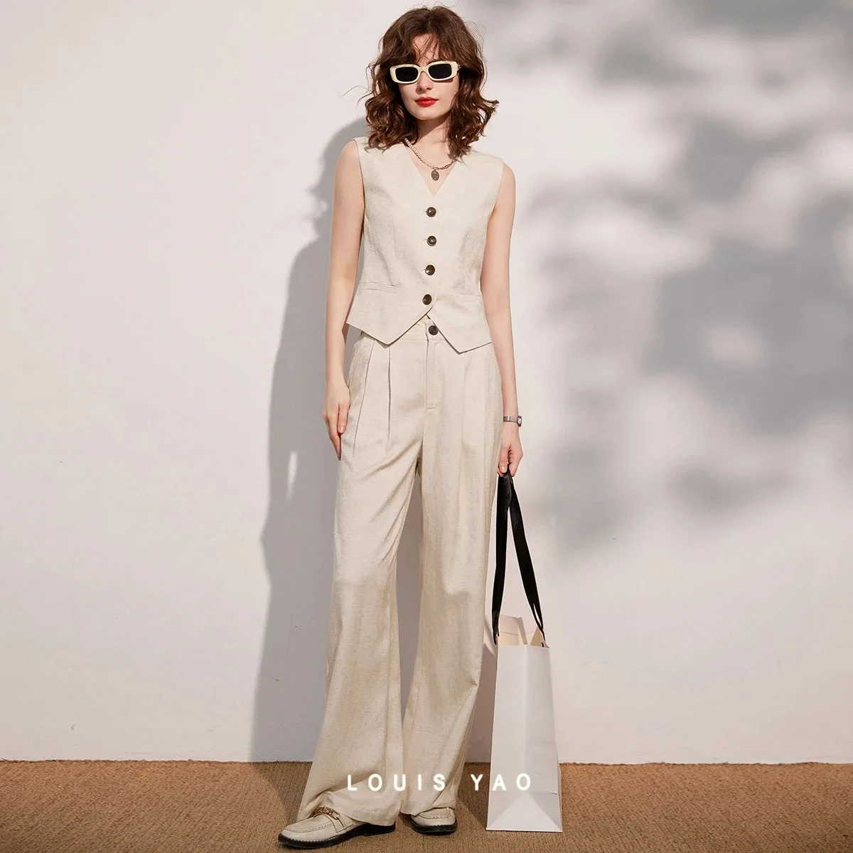 

LOUIS YAO Commuting Women's Pants 2025 Summer Women Elastic Waist Loose Casual Long Pants High Waist Pleated Trousers