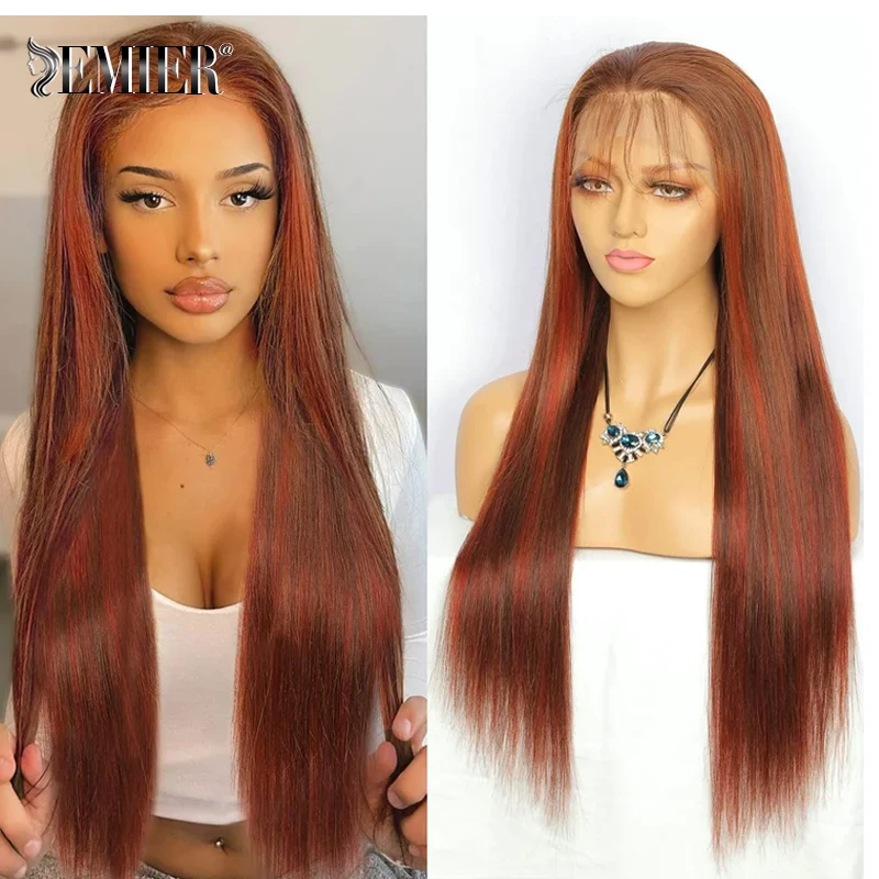 #4/350 13x4 Lace Front Human Hair Wigs 150% Density Brazilian Straight Transparent Lace Frontal Wig With PrePlucked Hairline