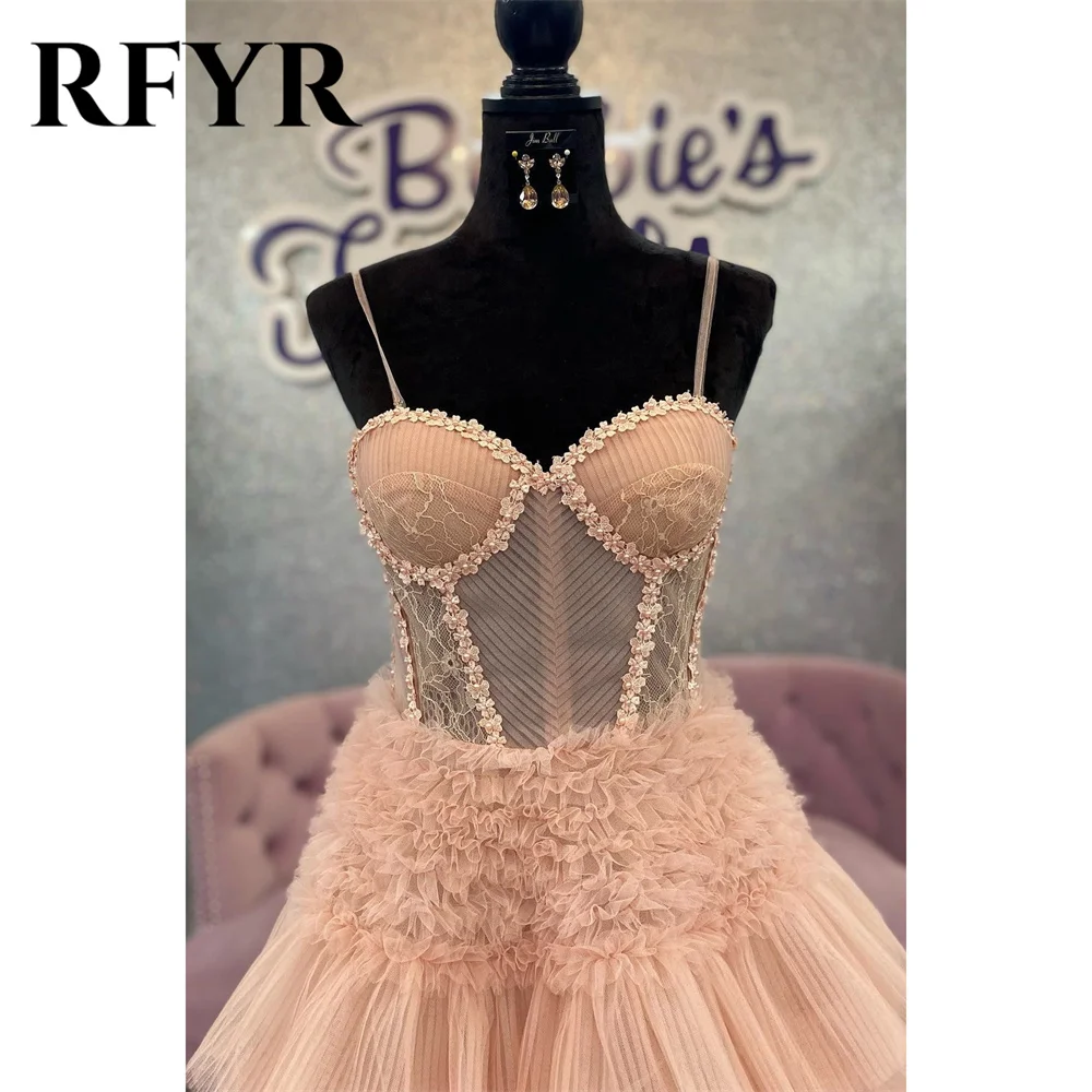 RFYR Blushing Pink Prom Dress Ruffle Layers Tulle Evening Dress Sweetheart Sheer Corset فستان سهرة Lace-Up Back Party Dress