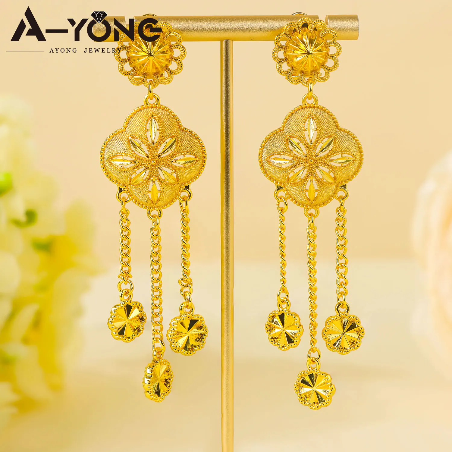 Luxuriöses Dubai Brautschmuck-Set Nigeria Goldfarben Lange Halskette Ohrringe Äthiopischer Damenschmuck für Bankette und Partys – Detail 8