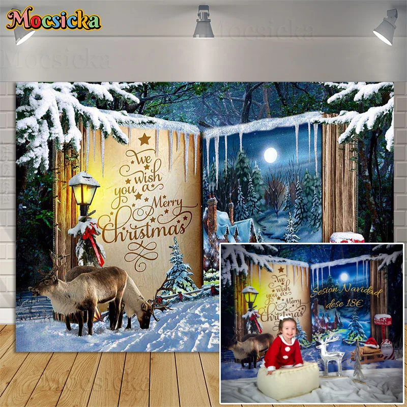 

Merry Christmas Photography Backdrop Wonderland Fairy Tale Book World Winter Forest Reindeer Kids Birthday Background Photo Prop