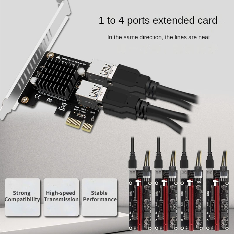 PCI-E Riser Card 1 to 4 PCI Express X1 Slots 4 Ports PCIE 1X Adapter Graphics Card Expansion ASM1184E Multiplier Card