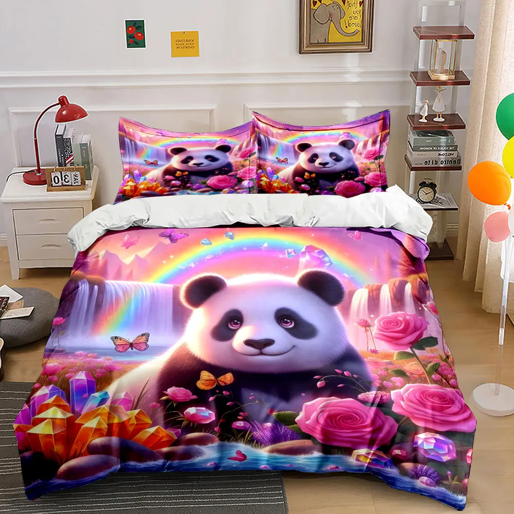 3pcs Dreamy Rainbow with Cute Panda Duvet Cover Set with 3D Printing Design Soft Polyester Bedding Set All-Season Comfort