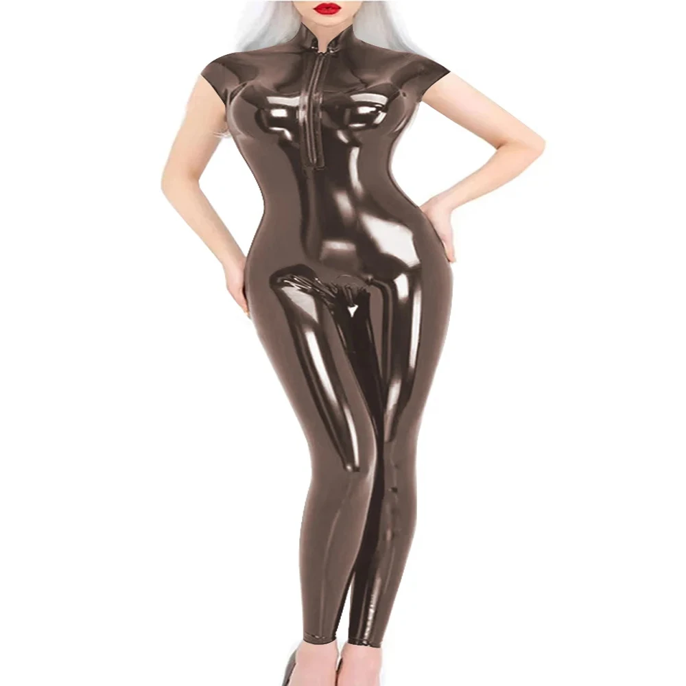 Plus ขนาดผู้หญิงสิทธิบัตรหนัง Slim Jumpsuit Glossy เซ็กซี่ไนท์คลับยืด PVC Catsuit หญิงซิปด้านหน้าเปิด Crotch Rompers