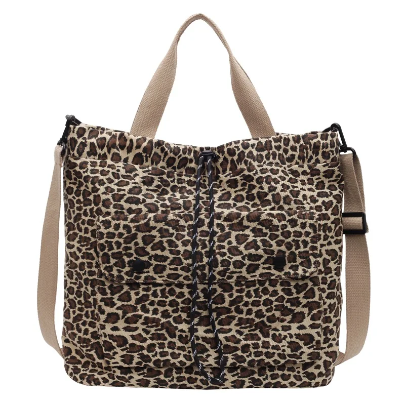 Fashion Leopard Print Tote Bag Portable Drawstring Women Shoulder Crossbody Bag High Appearance Versatile Commuting Bucket Bag