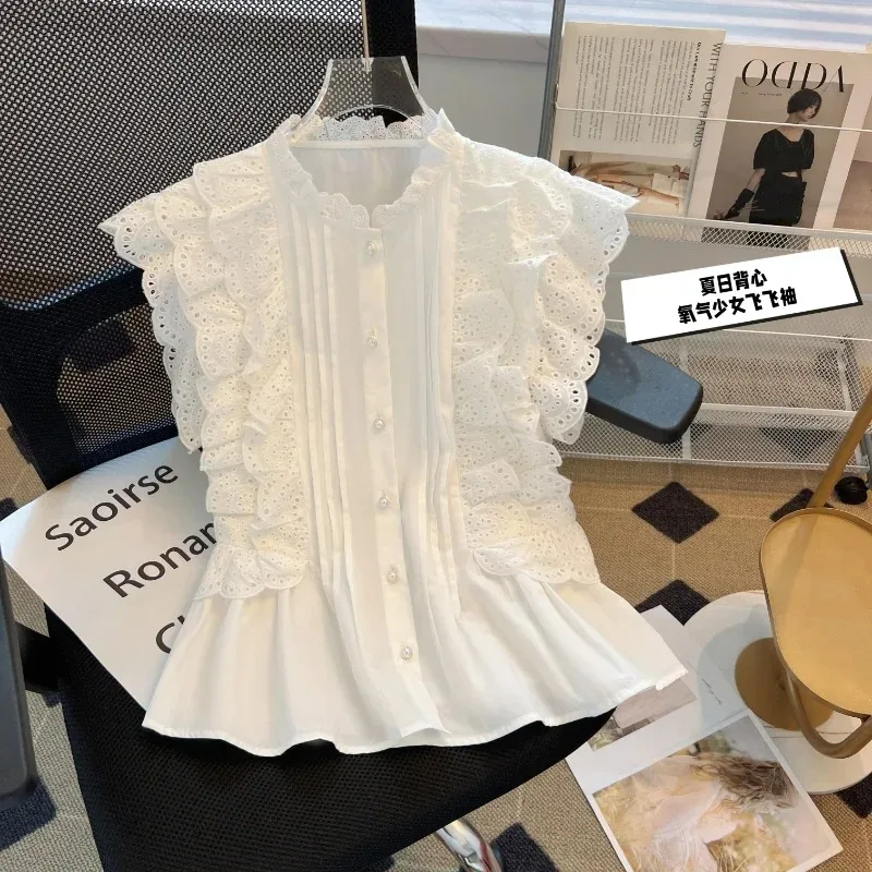 Women's Flying Sleeve Blouse, White Shirts, Vintage Sleeveless Ruffled Lace Tops, Elegant Casual Sweet Clothes, Summer, 27709