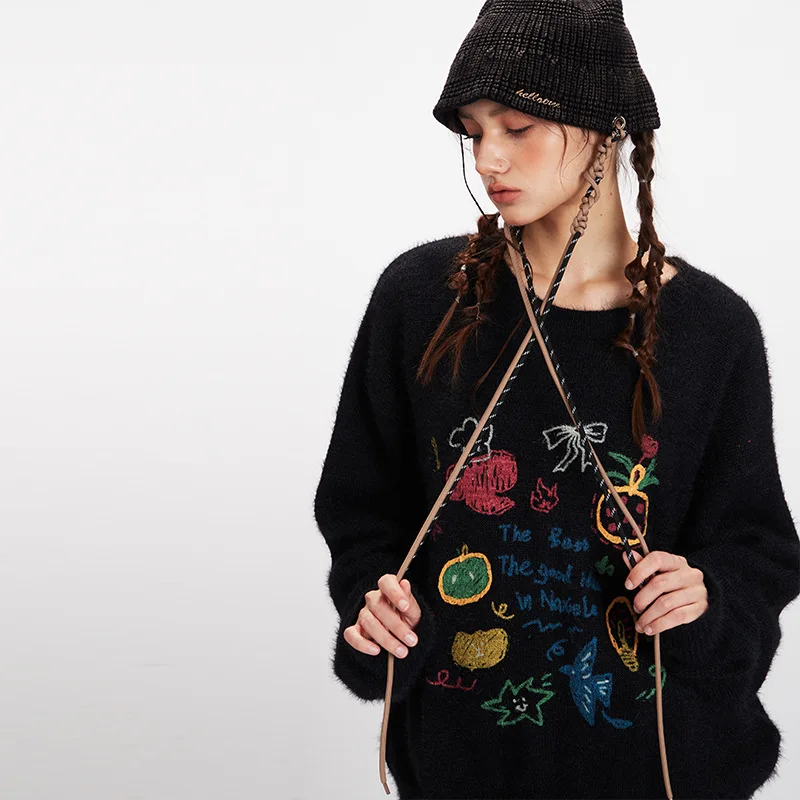 نمط جديد جولة الرقبة البلوز الكتابة على الجدران سترة ناعمة للنساء الخريف الشتاء فضفاضة كسول كلية نمط كم طويل محبوك أعلى #3