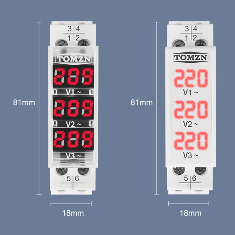 TOMZN Din Rail 18Mm Voltage Meter AC 40-500V Three Phase Modular Voltmeter Indicator LED Digital Display Detector images - 6