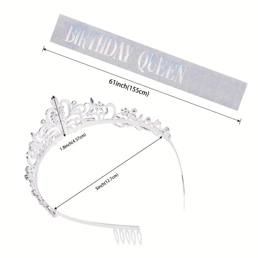 2pcs/Set Bling Rhinestone Crystal Crown Tiara Birthday Girl Queen Sash and Crown for Women Birthday Party Decoration Kit