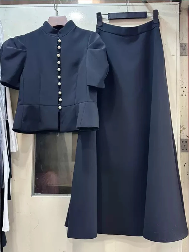 Elegant bubble short-sleeved single-breasted jacket spring and summer women's new high-waisted skirt fashion two-piece suit