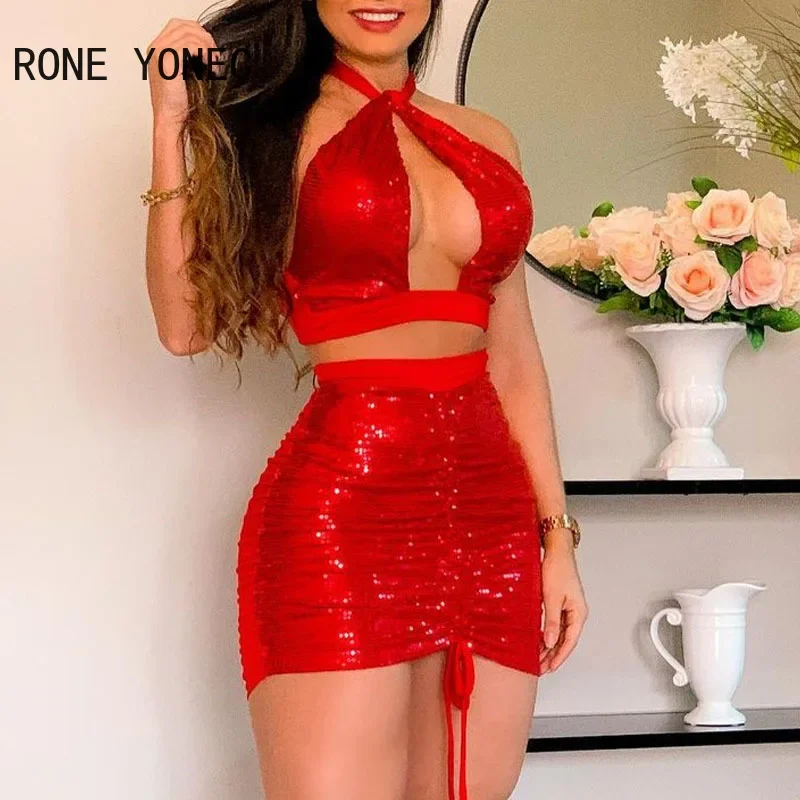 Women Chic Solid Sequins Crop Top Sleeveless Halter Shirring Backless Bodycon Sexy Skirt Sets