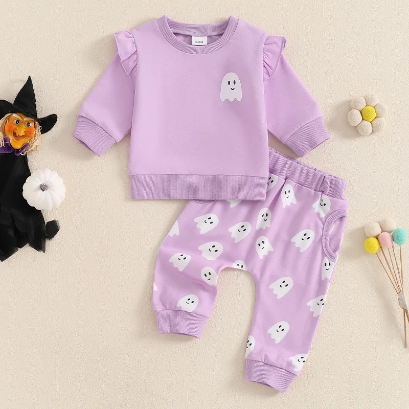 

Baby Girl Halloween 2Pcs Outfits Ghost Print Crew Neck Long Sleeve Sweatshirts Pants Newborn Clothes Set