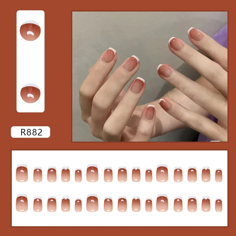 

30pcs Short Coffin Press-On Nails - Terracotta French Ombré With White Outline Minimalist Luxe Design (Multi-Size Fit)