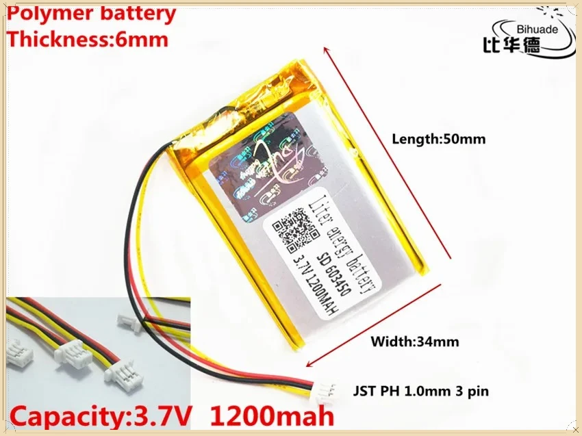 JST PH 1.0mm 3 Pin Good Quality 3.7V, 1200mAh 603450 Polymer Lithium Ion / Li-ion Battery for Tablet PC BANK, GPS, MP3, MP4