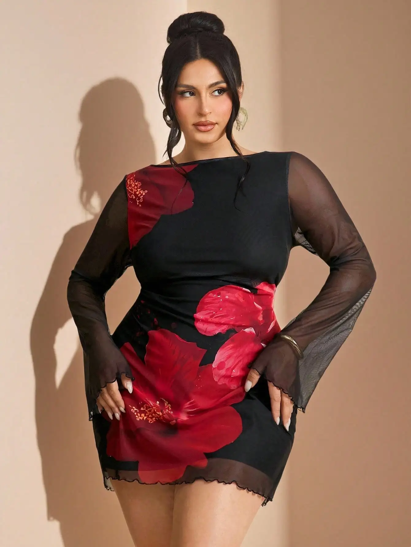 

Black Floral Mini Dress with Sheer Long Sleeves for Plus Size Women