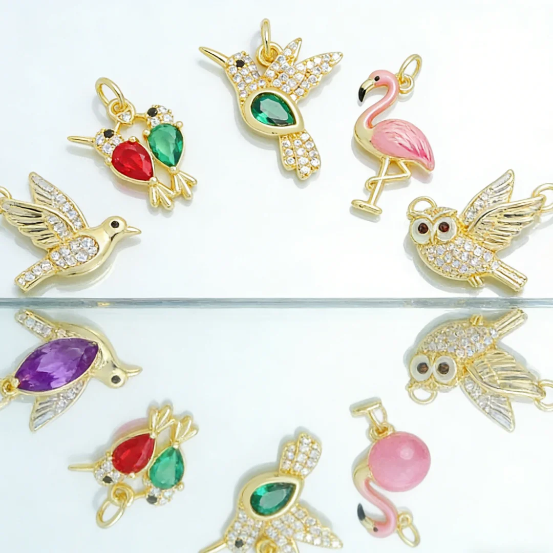 3Pcs Pendants Brass Colorful Zirconia Bird Owl Flamingo Charms for DIY Jewelry Making Necklace Bracelet Handmade Craft Supplies