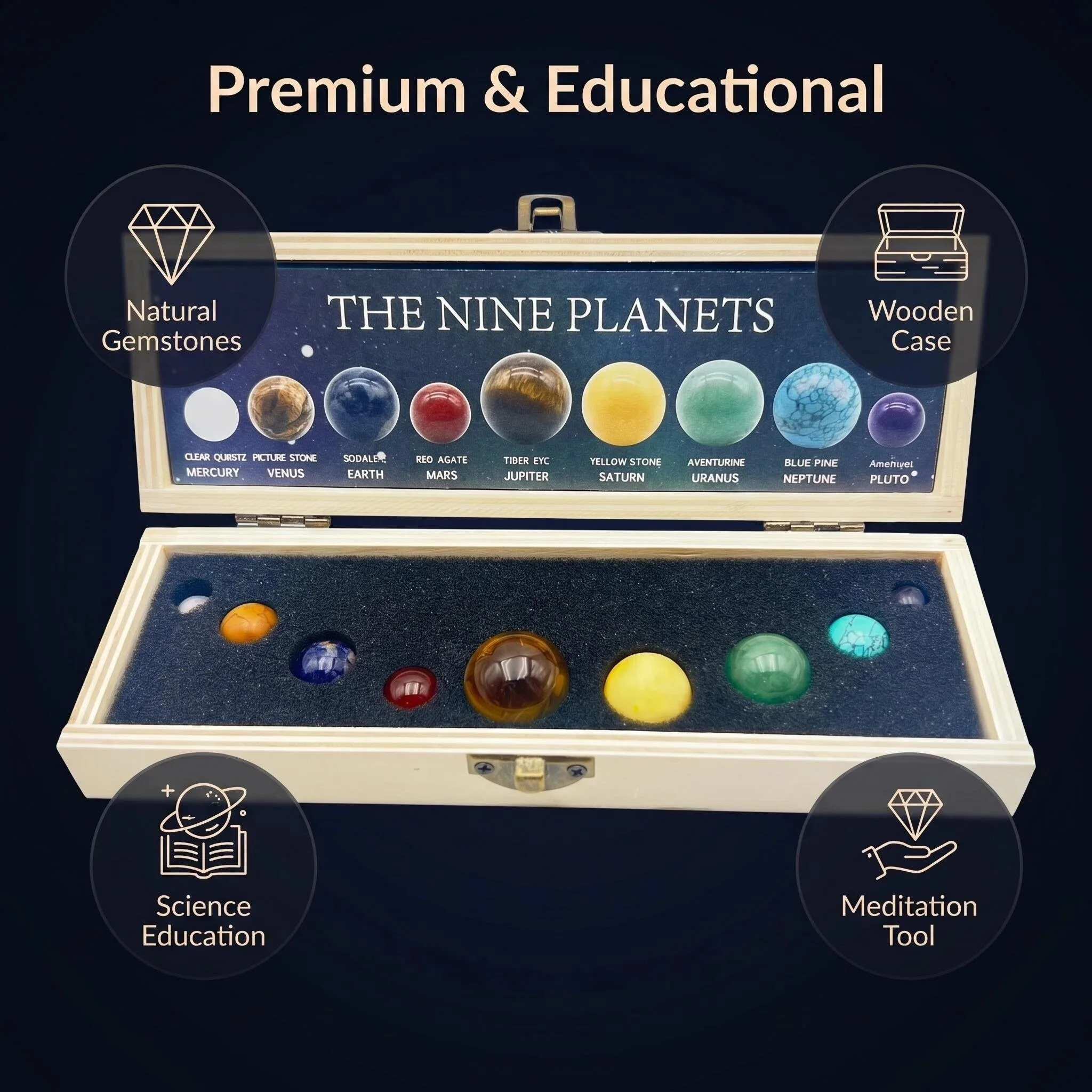 Natural Stone Ball Nine Planet Wooden Box Set Natural Stone Label Solar System Planet Set Gift Box