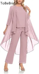 Elegant Women's 3-Piece Bride Mother Dress Chiffon Pants With Detachable Jacket Formal Wedding Guest Special Event Evening Gown