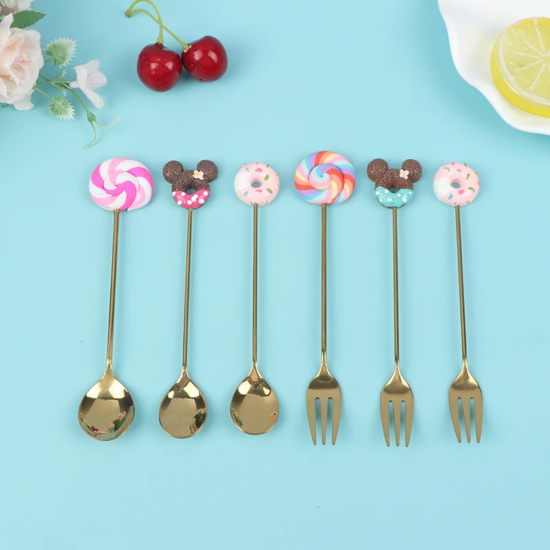 4pcs/set Donut Candy Spoon/Fork Milk Coffee Stirring Spoon Kitchen Cutlery.