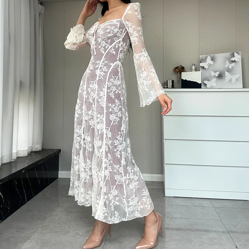 Combhasaki Women Vintage Elegant Floral Lace See-through Long Sleeve Square Neck Flower Tie-up Maxi Long Fall Swing A-Line Dress